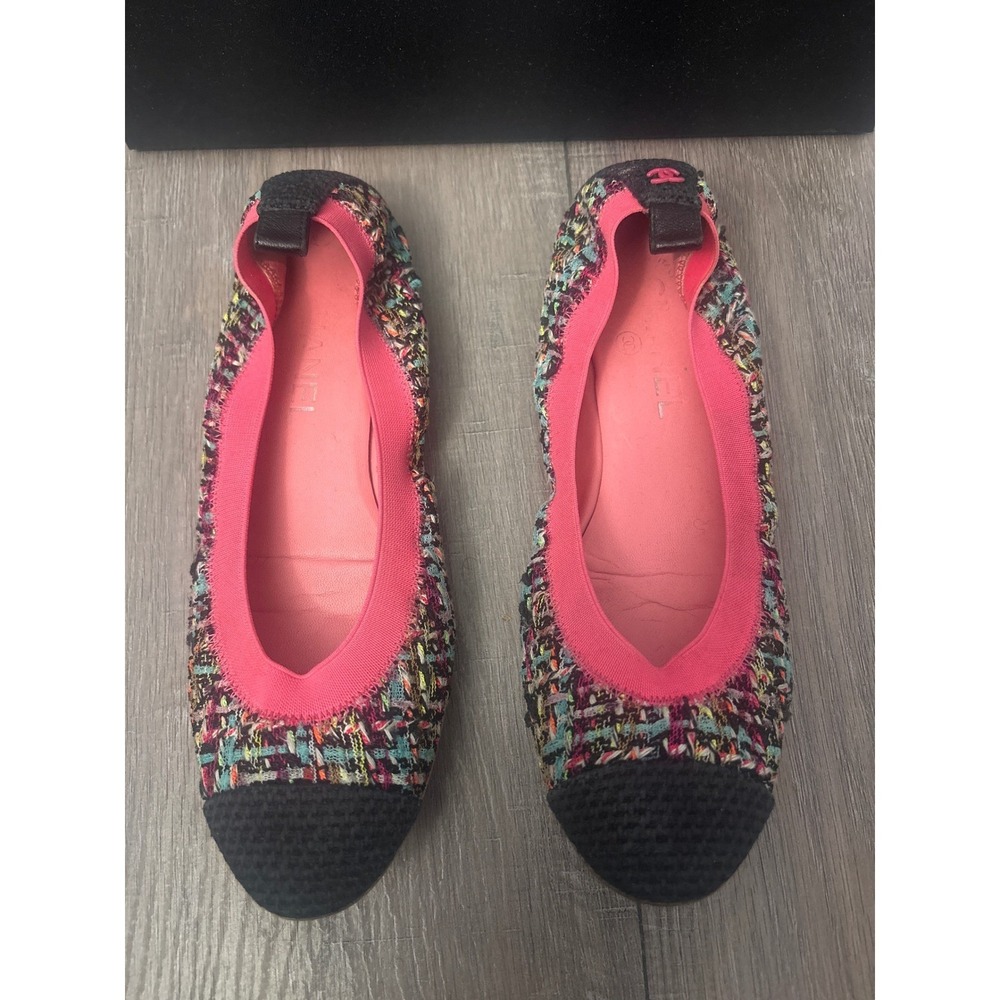 Chanel Multicolor Tweed Cap Toe Ballet Flats Pink Trim CC - Picture 2 of 6